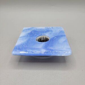 Ikebana Vase Fused Art Glass Pin Frog Holder Square Shape Blue White